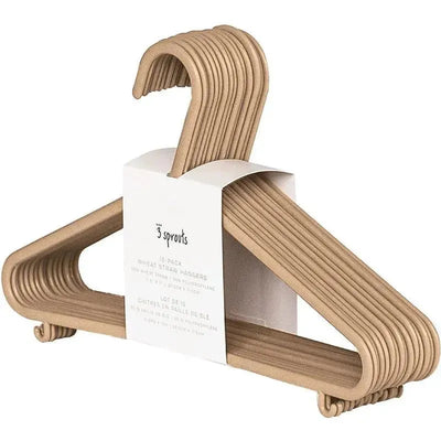 15 pack of 3 Sprouts baby wheat straw hangers in speckled brown, featuring a curved design and a central label with product details.