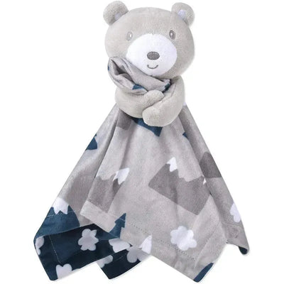 Baby security blanket shaped like a bear with a gray body and blue mountain print, offering comfort for infants.