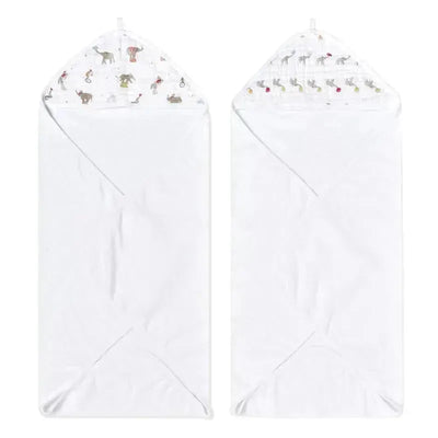 Two white hooded baby bath towels featuring an elephant circus design on the hoods.