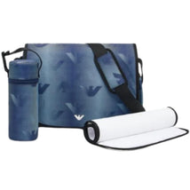 Blue Armani Baby mummy bag features a sleek design, with a shoulder strap, a bottle holder, and a changing mat.