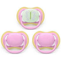 Avent 3Pk Ultra Air Pacifier 6-18M, Quiet Pink/Butterfly, Day+Night Image 1