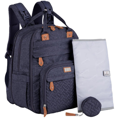 Denim blue baby bag tote with multiple compartments, including a detachable changing pad and a round accessory pouch.
