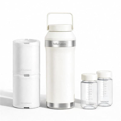 Portable breastmilk cooler by Baby Brezza in white, featuring a large 20 oz capacity, two storage bottles, and stacking containers.