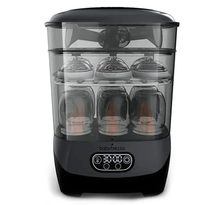 One Step Baby Bottle Sterilizer and Dryer in charcoal, featuring transparent design, multiple bottles, and digital controls.