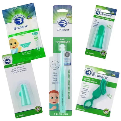 Five-piece Baby Buddy Oral Care Kit featuring toothbrushes, teething brush, and tooth tissues for infants.
