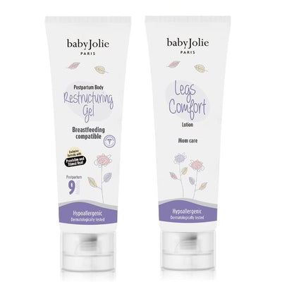 Postpartum gel and lotion bundle from babyJolie for mom care, featuring Restructuring Gel and Legs Comfort Lotion.