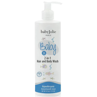Baby Jolie 2-in-1 Hair and Body Wash, 7.5 oz, featuring a pump dispenser, hypoallergenic, and tear-free formula.