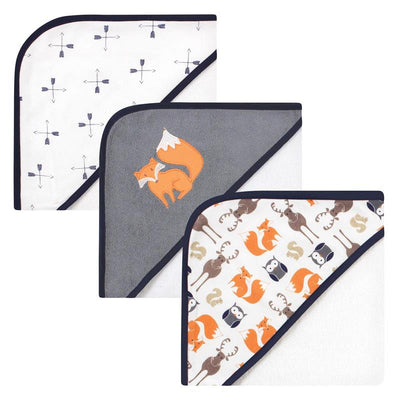 Three unisex hooded baby towels featuring orange fox designs, arrows, and animals in soft cotton material.