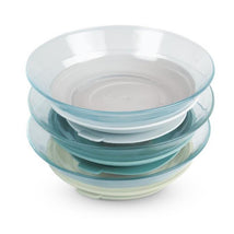 Beaba 3-pack glass plate set in grey and green, featuring three stacked plates in varying shades.