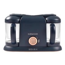Beaba Babycook Duo 4 in 1 Baby Food Maker in Midnight color, featuring dual glass bowls and a control knob.