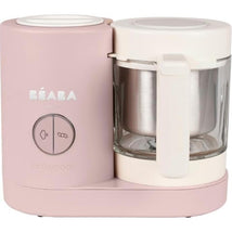 Beaba Babycook Neo Baby Food Maker in cotton candy color, featuring a steam and blend function with a glass bowl.