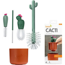 Boon Cacti Bottle Cleaning Brush Set featuring green cactus-shaped brushes in an orange pot.