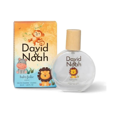 David & Noah kids perfume by Baby Jolie in a clear bottle with a wooden cap, alongside its colorful cartoon packaging.