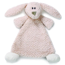 Pink bunny rattle blankie featuring soft fur, floppy ears, a stitched smile, and contrasting white paws.