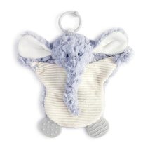 Purple elephant-shaped teether with plush fabric, crinkle texture, and silicone teething parts. Measures 7x10 inches.