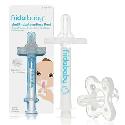 MediFrida Accu-Dose Pacifier Medicine Dispenser by FridaBaby, featuring a clear design and packaging, designed for administering medicine to infants.
