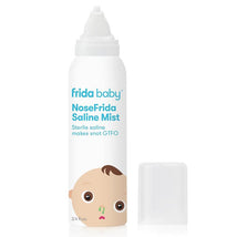 FridaBaby NoseFrida Saline Mist Spray, 3.4 oz, white bottle with baby face illustration, helps decongest nasal passages.