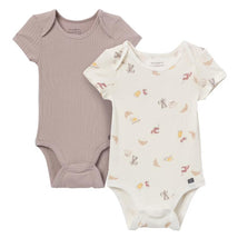 Two neutral ivory French breakfast bodysuits for babies: one ribbed in light purple, the other with a food-themed print.