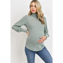 Hello Miz - Brushed Ribbed Hacci Maternity Mock Neck Top, Mint Image 1