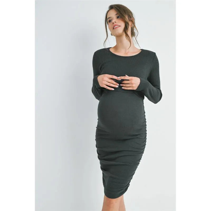 Ribbed Double Layer Long Sleeve Side Ruched Maternity Nursing Friendly Dress Dark Green / X-Large Ribbed Double Layer Long Sleeve Side Ruched Maternity Nursing Friendly Dress Dark Green / X-Large