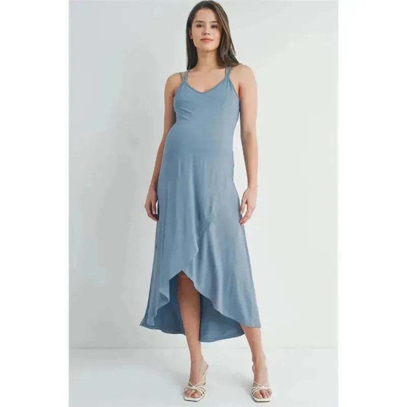 Hi-Lo V Neck Sleeveless Maternity Midi Dress CHAMBRAY / X-LARGE Hi-Lo V Neck Sleeveless Maternity Midi Dress CHAMBRAY / X-LARGE