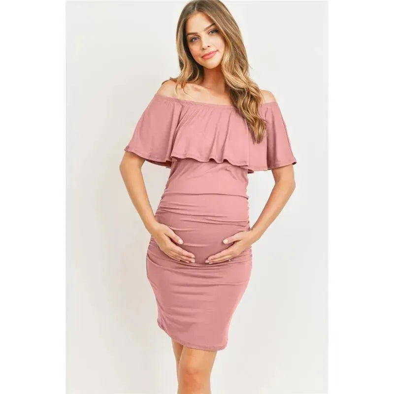 mini off the shoulder maternity dress Momyknows Chic White Falbala Off Shoulder Bodycon Ruched Maternity Baby Shower Mini Dress, White / XL
