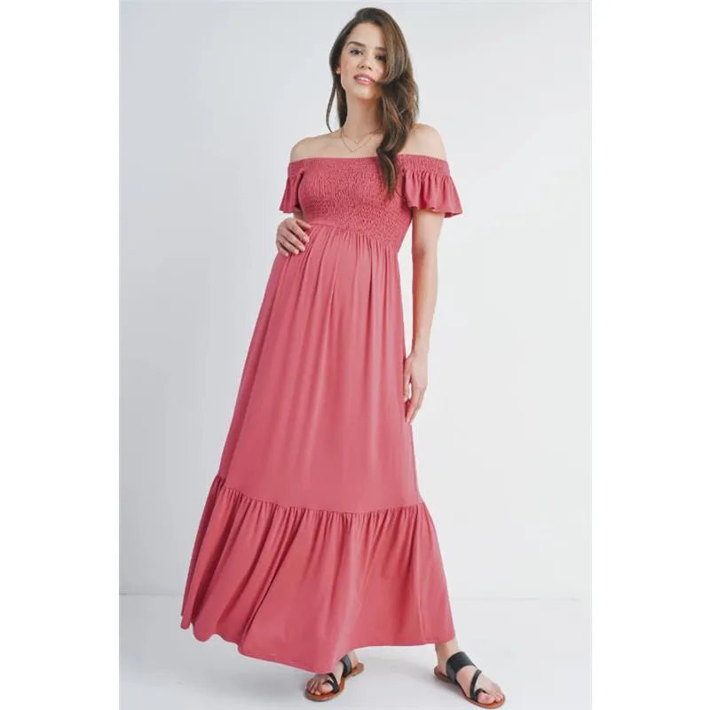 Hello Miz - Off The Shoulder Maternity Ruffled Maxi Dress, Dark Rose | MacroBaby Hello Miz - Off The Shoulder Maternity Ruffled Maxi Dress, Dark Rose | MacroBaby