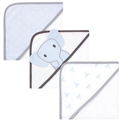 Hooded towels for babies featuring blue elephant designs, soft cotton material, and various patterns on the hoods.