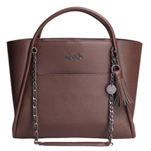 Brown faux leather Boss Tote™ diaper bag by Itzy Ritzy, featuring a logo, tassel, and chain handle.