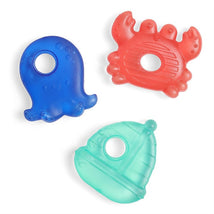 Nautical-themed water-filled teethers in starfish, shell, and turtle shapes, ideal for soothing teething infants.