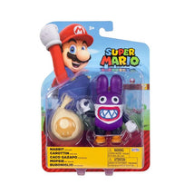 Nabbit figure with bag, featuring purple design and distinct teeth, alongside Super Mario graphics on packaging.
