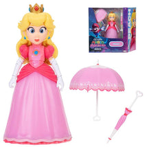 Princess Peach action figure from Jakks, wearing a pink gown and crown, with a pink parasol and packaging displayed.