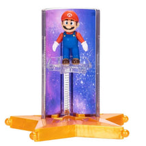 1.5” Mario figure with Star Launcher accessory, featuring a vivid galaxy backdrop and an orange star-shaped base.
