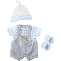 JC Toys - Berenguer Boutique Baby Doll Outfit, Gray Overall Shorts with Blue Stripes, Ages 2+ Image 1