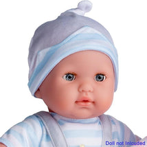 JC Toys - Berenguer Boutique Baby Doll Outfit, Gray Overall Shorts with Blue Stripes, Ages 2+  Image 2