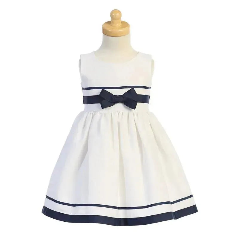 Lito - Baby Girl Rayon Linen Dress With Bow, White/Navy Lito - Baby Girl Rayon Linen Dress With Bow, White/Navy