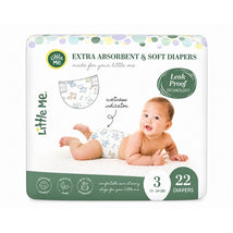 Little Me Baby Diapers, size 3, featuring a puppy design, described as soft, absorbent, and gentle on skin; pack includes 22 diapers.