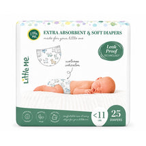 Little Me Baby Diapers in size 1, featuring a puppy print and wetness indicator, packaged with 25 diapers for infants under 11 lbs.