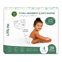 Little Me Baby Diapers size 4, featuring a smiling baby wearing a soft diaper with puppy designs, highlighting wetness indicator.