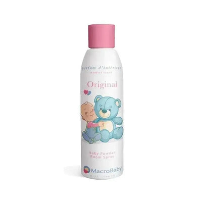 Macrobaby Baby Room Powder Spray, 6 oz, featuring a blue teddy bear and a smiling baby, promoting a fresh scent.