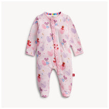 Pink long-sleeve footie with ruffles, featuring colorful characters and hearts, designed for infants.
