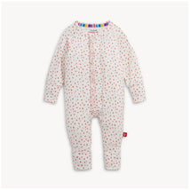 Ruffle convertible coverall in apple blossom print with pink and red flowers, featuring a rainbow trim collar and snap closures.