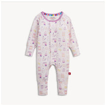Modal convertible coverall with a playful food-themed print in pastel colors, featuring long sleeves and snap closures.