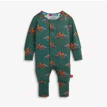 Bison-patterned green modal coverall for infants, featuring a button-up front and long sleeves.