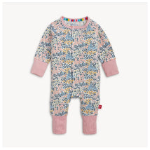 Floral-patterned baby coverall with pink cuffs, featuring a convertible design for growth.