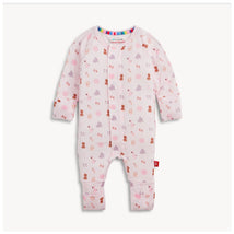 Convertible coverall in pink modal fabric, featuring a whimsical animal pattern, designed for infants.