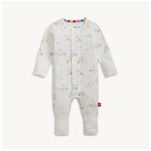 White modal coverall with a jungle animals print, featuring giraffes, elephants, and trees, suitable for infants.