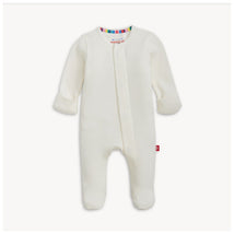 Tofu Waffle Footie in cream color, featuring long sleeves, front snap closure, and colorful striped neckline accents.