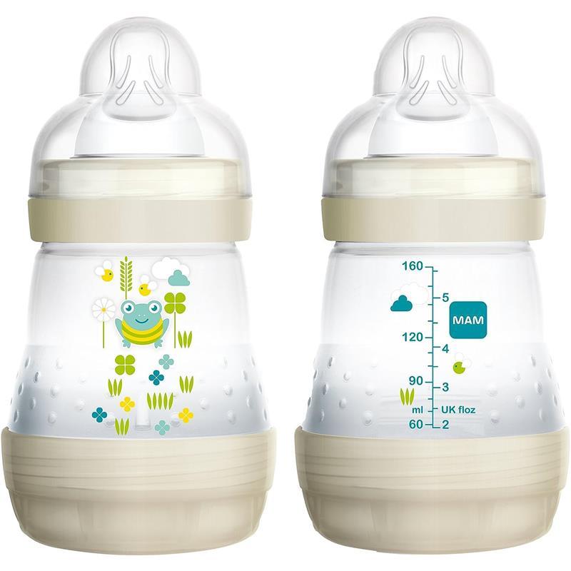 MAM Easy Start Anti-Colic Newborn Essentials, Slow Flow Bottles with  Silicone Nipple, Unisex, Designs May Vary, 5 Oz, 2 Count (Pack of 1)