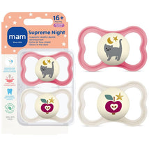Set of two Mam Supreme Baby Pacifiers for girls, featuring a gray cat design and an apple design, suitable for 16 months+.